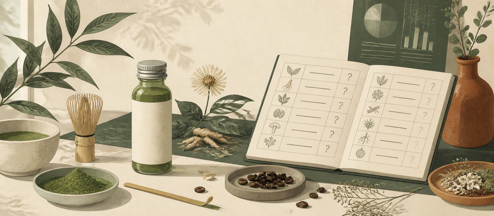 Generic green wellness shot with matcha, botanicals, and an evidence ledger